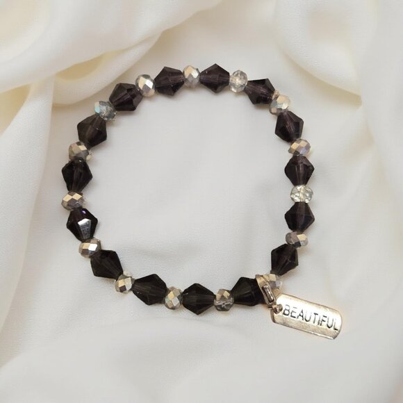 "Beautiful" tag silver and dark purple bracelet~ 7 inches - Picture 2 of 3